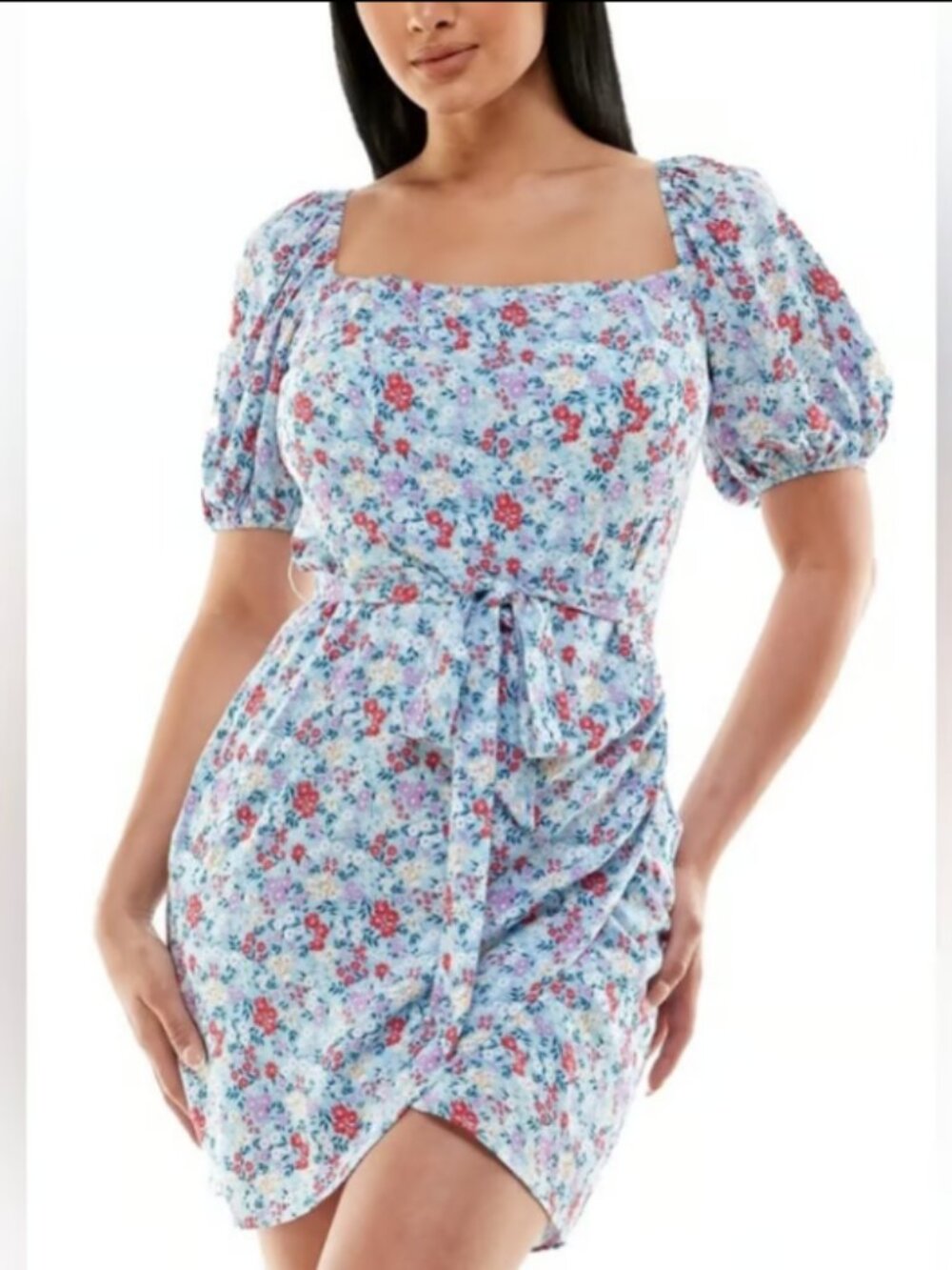 B. Smart Floral Puff Sleeve Faux Wrap Mini Dress Light Blue Ditsy Juniors 1